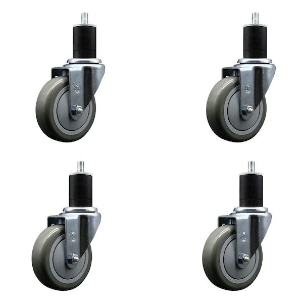 4'' SS Gray Poly Wheel Swivel 1-3/4'' Expanding Stem Caster Set, 4PK